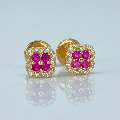 Topos Trebol Circones Fucsias Blancos Oro amarillo 18k 0,95 Gr / 5,6 mm †