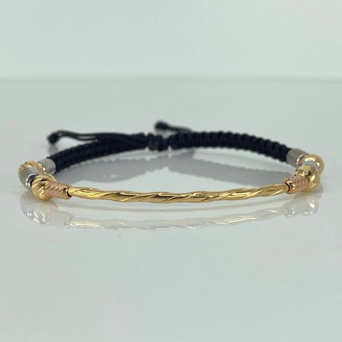 Pulsera tejida Tubo Entorchado BD 5mm 4uni Cilindros 6uni Hilo Negro Tres oros 18k 1,5 Gr *
