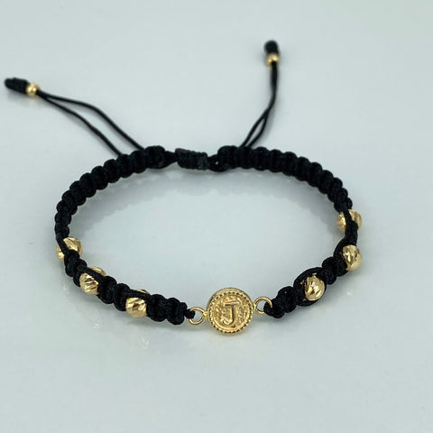 Pulsera tejida Herraje Letra J / BD 8uni 5/3mm / Hilo Negro Oro amarillo 18k 1,24 Gr *