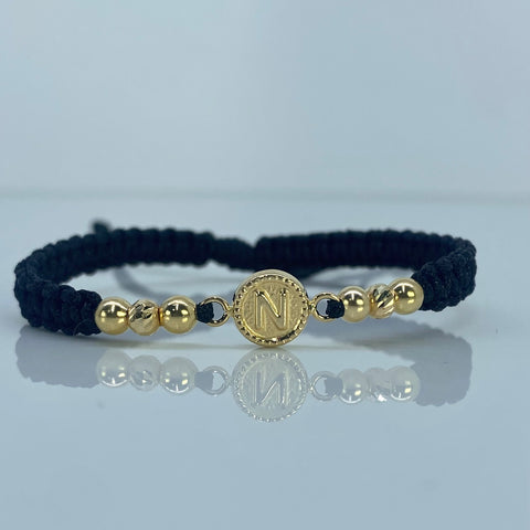 Pulsera tejida Herraje Letra N / BL 4mm 4uni / BD 4mm 4uni / Hilo Negro Oro amarillo 18k 0,98 Gr *
