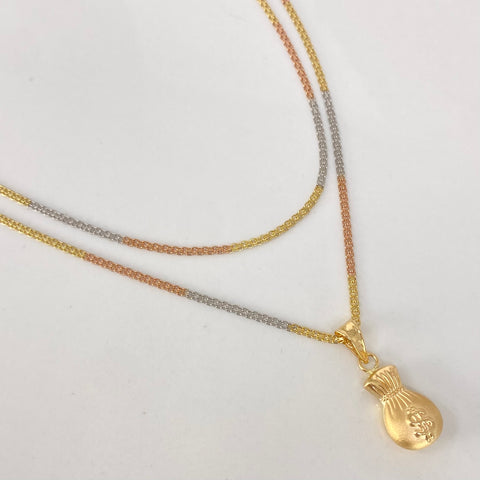 Set Cadena ● China + Dije Bolsa Dinero Tres oros 18k 3,5 Gr / 1,4 mm / 60 Cm