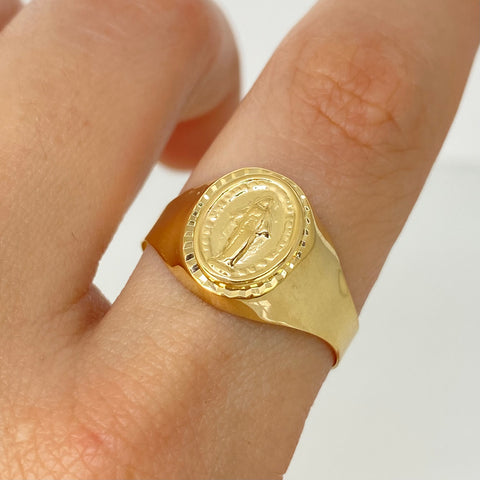 Anillo Sello Virgen Milagrosa Oro amarillo 18k / Talla 10 1/4 / 2,1 Gr