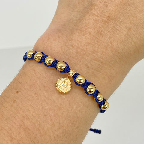 Pulsera tejida Dije Letra P / BL 8uni 5mm / Hilo Azul Oro amarillo 18k 1,16 Gr *