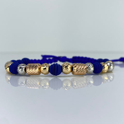 Pulsera tejida Bolas  Diamantadas 6 mm / Cilindros Hilo Azul Tres oros 18k 2,41 Gr *
