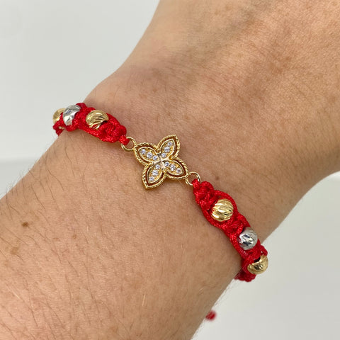Pulsera tejida Herraje Trebol Circones Blancos / BD 6uni 5mm / Hilo Rojo Oro amarillo y Oro blanco 18k 1,88 Gr *