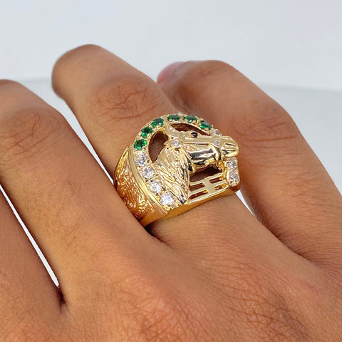 Anillo Caballo Circones Blancos Verdes Oro amarillo / Talla 10 1/2 / 10,6 Gr *