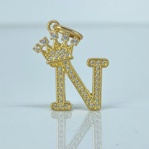 Dije Letra N Corona Circones Blancos Oro amarillo 2 Gr / 2,7 Cm †