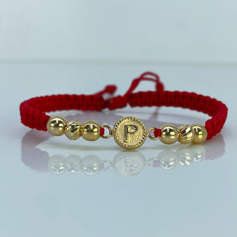 Pulsera tejida Herraje letra P / BL 5mm 4uni / BD 5mm 2uni / Hilo Rojo Oro amarillo 18k 1,3 Gr †