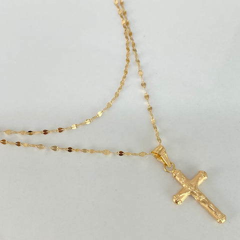 Set Cadena ● Flor Espejo Crispeta + Dije Cruz Cristo Oro amarillo 18k 1,49 Gr / 1,5 mm / 45 Cm *