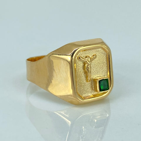 Anillo Sello Cristo Circon Verde Oro amarillo 18k / Talla 10 3/4 / 3,15 Gr *