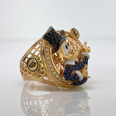 Anillo Pato Caricatura Circones Blancos Negros Y Azules Oro amarillo 18k / Talla 9 1/4 / 11,16 Gr