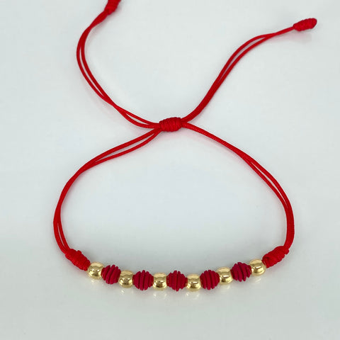 Parejas Pulsera tejida Bolas Lisas 4mm 6uni / Hilo Rojo Neoprenos Oro amarillo 18k 1,18 Gr *