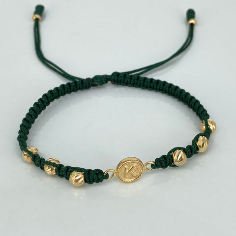 Pulsera tejida Herraje Letra K / BD 8uni 5/3mm / Hilo Verde Oro amarillo 18k 1,24 Gr *