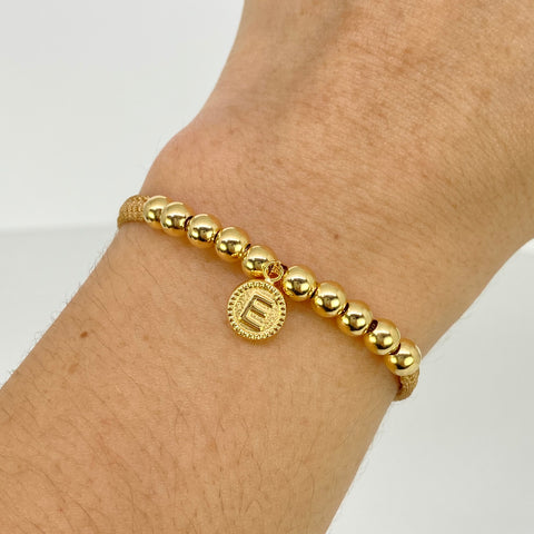 Pulsera tejida Dije Letra E / BL 10uni 5mm / Hilo Beige Oro amarillo 18k 1,4 Gr *