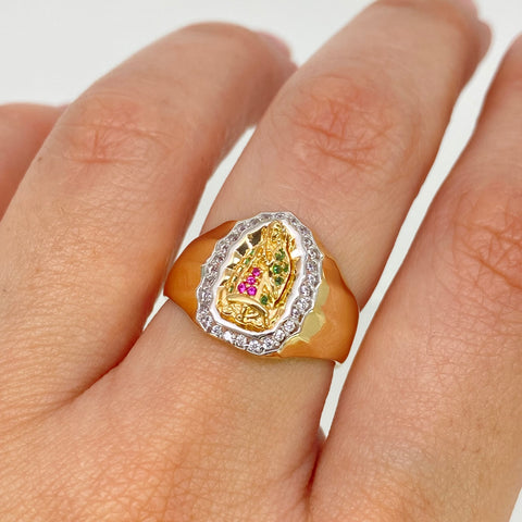 Anillo Contorno Virgen Guadalupe Circones Blancos Fucsias Y Verdes Oro amarillo y Oro blanco 18k / Talla 6 3/4 / 4,40 Gr *