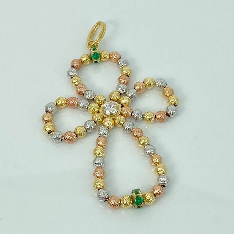 Dije ● Cruz Bolas Diamantadas ESP Circones Verdes Blancos Tres oros 18k +3 / 5,3 Gr / 7,2 Cm *