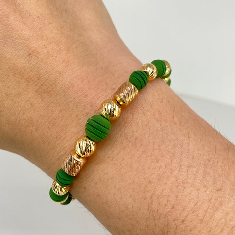 Pulsera tejida Bolas Diamantada 7- 6  mm / Cilindros Hilo Verde Oro amarillo 18k 2,10 Gr *