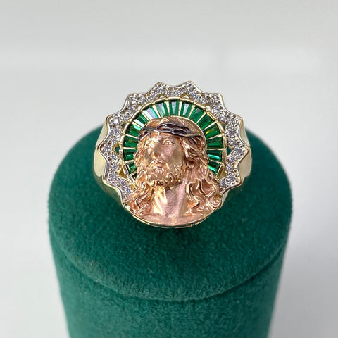 Anillo Contorno Rostro Cristo Circones Blancos Y Verdes Oro amarillo y Oro rosa 18k / Talla 11 / 8,30 Gr †