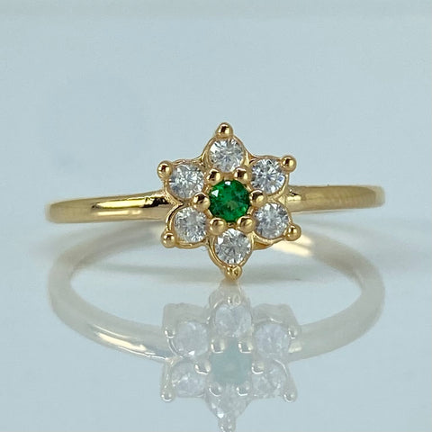 Anillo Flor Circones Blancos Verde Oro amarillo / Talla 5 1/4 / 1,85 Gr †