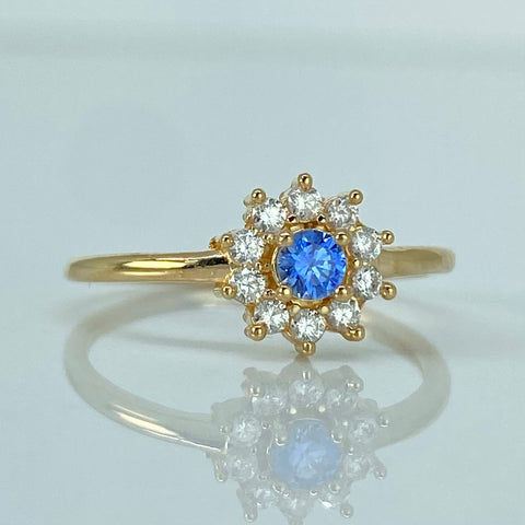 Anillo Flor Circones Blancos Celeste Oro amarillo / Talla 5 1/2 / 1,7 Gr †