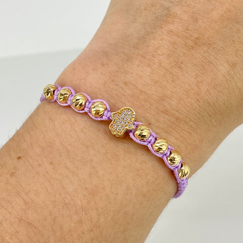Pulsera tejida Herraje Mano Hamsa Circones Blancos / BD 8uni 5mm / Hilo Lila Oro amarillo 18k 1,78 Gr *