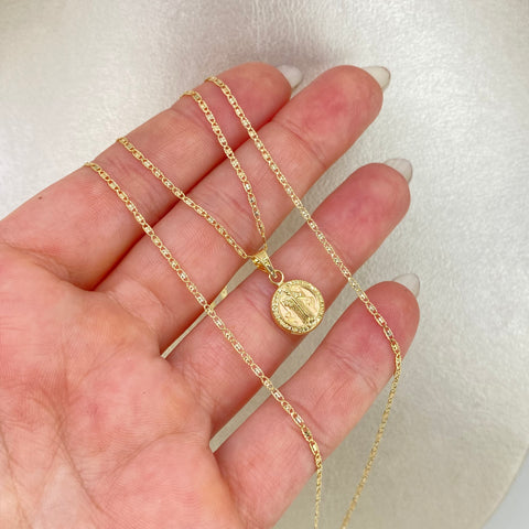 Set Cadena ● Plana + Dije San Benito Tres oros 18k 2,84 Gr / 1,3 mm / 60 Cm †