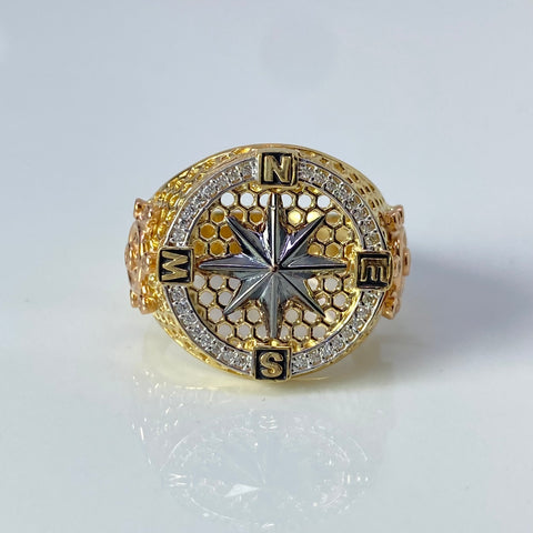 Anillo Brújula Circones Blancos Tres oros 18k / Talla 10 / 9,73 Gr †
