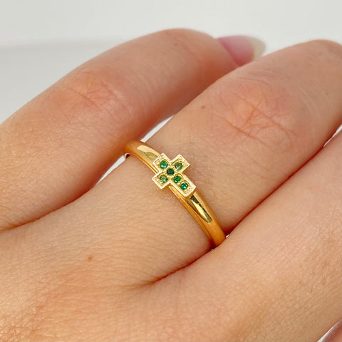 Anillo Cruz Circones Verdes Oro amarillo 18k / Talla 7 / 0,95 Gr