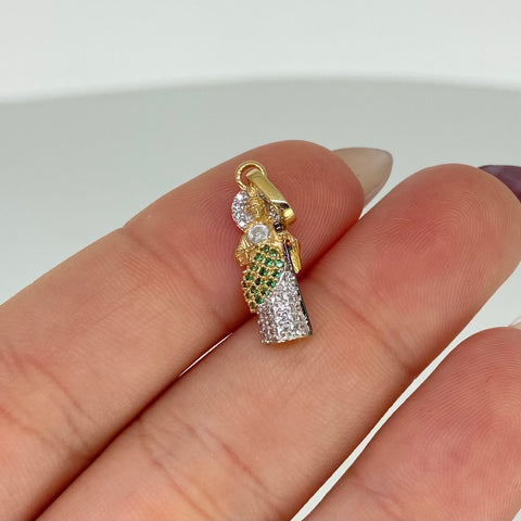 Dije San Judas Circones Blancos Verdes Oro amarillo y Oro blanco 18k 1,35 Gr / 2,4 Cm  *