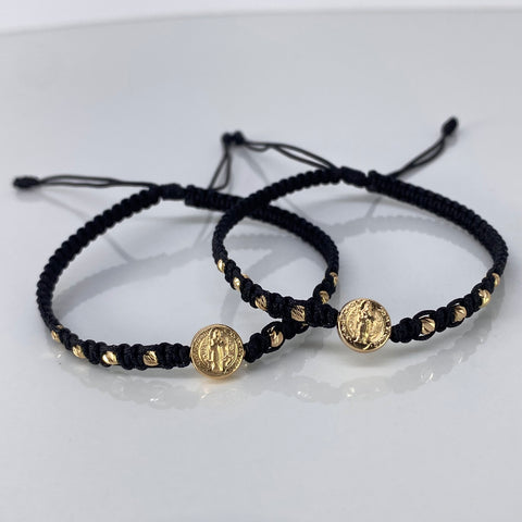 Pulsera tejida Pareja Herraje San Benito / BD 8uni 3mm / Hilo Negro Oro amarillo 1,25 Gr †