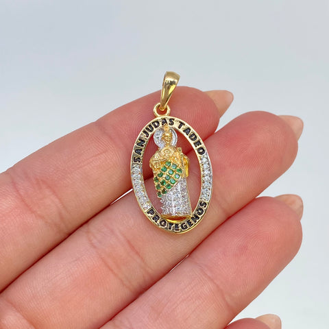 Dije San Judas Tadeo Circones Blancos Verdes Oro amarillo y Oro blanco 18k 3,51 Gr / 3,2 Cm †