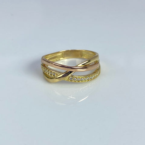 Anillo Entrelazado Circones Blancos Oro amarillo y Oro rosa 18k / Talla 6 3/4 / 3,28 Gr