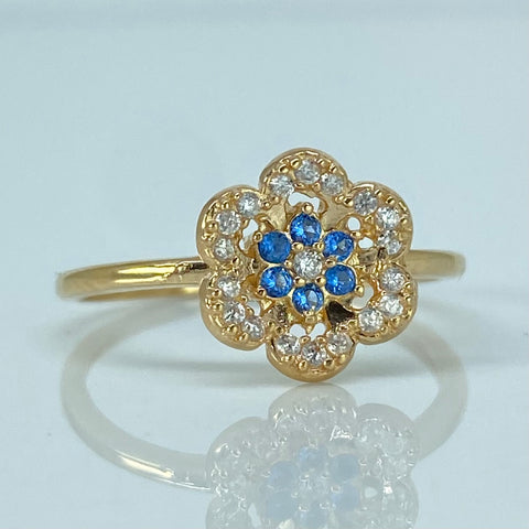 Anillo Flor Circones Blancos Celestes Oro amarillo / Talla 5 1/2 / 1,75 Gr *