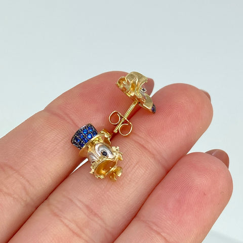 Topos Pato Caricatura  Circones Azules Oro amarillo 18k 2,90 Gr / 11,4 mm  *