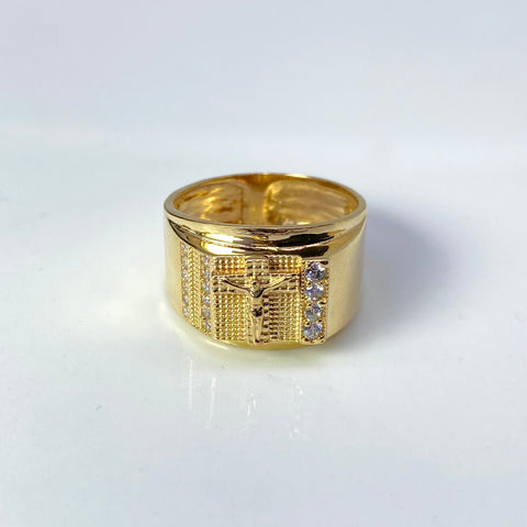 Anillo Cruz Cristo Fondo Diamantado Circones Blancos Oro amarillo 18k / Talla 9 1/2 / 5,49 Gr