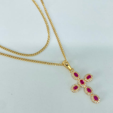 Set Cadena ● Cubana + Dije Cruz Circones Fucsia Oro amarillo 18k 3,2 Gr / 1,6 mm / 50 Cm *