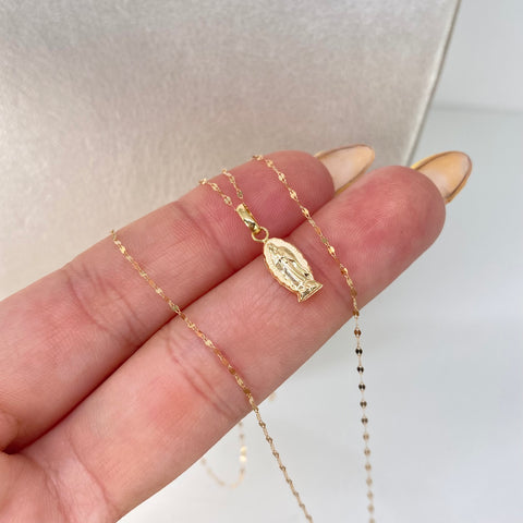Set Cadena ● Crispeta + Dije Virgen Guadalupe Silueta Oro amarillo 18k 0,7 Gr / 1 mm / 50 Cm †