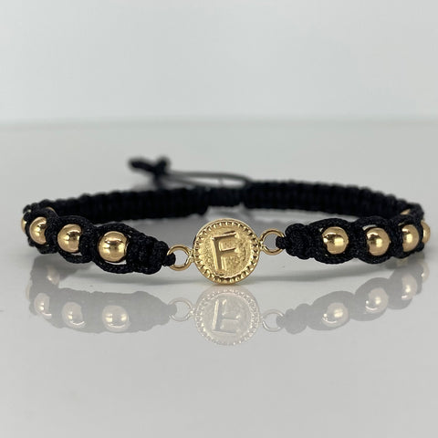 Pulsera tejida Herraje Letra F / BL 4mm 10uni / Hilo Negro Oro amarillo 18k 1,5 Gr *