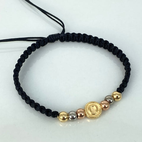 Pulsera tejida Herraje Letra O / BL 6uni 5mm / Hilo Negro Tres oros 18k 1,08 Gr *