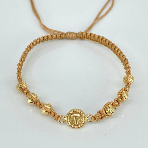 Pulsera tejida Herraje Letra T / BD 6uni 5mm / Hilo Beige Oro amarillo 18k 1,2 Gr *