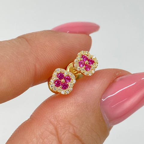 Topos Trebol Circones Fucsias Blancos Oro amarillo 18k 0,95 Gr / 5,6 mm †