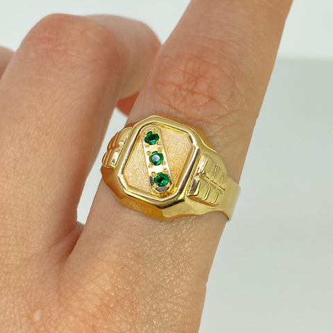 Anillo Sello 3 Circones Verdes Oro amarillo 18k / Talla 10 3/4 / 4,6 Gr †