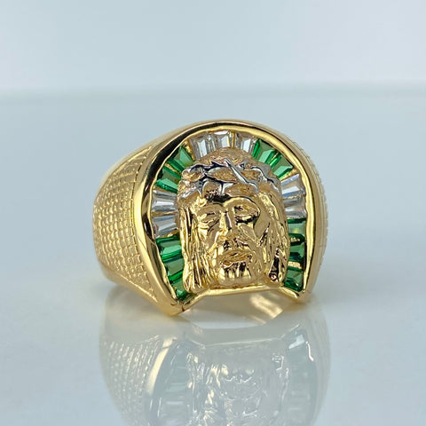 Anillo Rostro Jesus Circones Blancos Verdes Oro amarillo / Talla 10 / 7 Gr