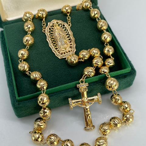 Rosario Virgen Guadalupe Cruz Cristo Balines Diamantados Oro amarillo y Oro rosa 18k 42,24 Gr / 8 mm / 65 Cm *