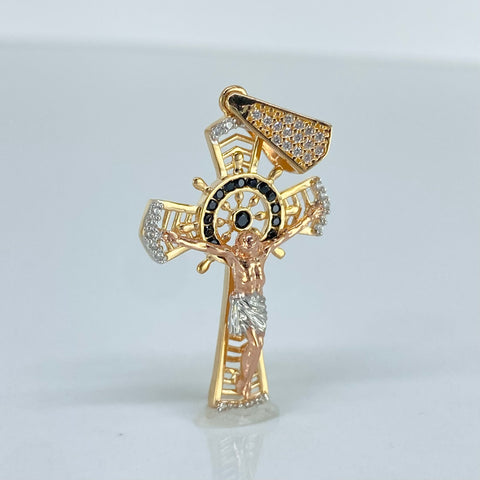 Dije Cruz Cristo Circones Blancos Negros Tres oros 18k 5,03 Gr / 4,4 Cm  *