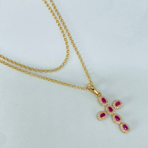 Set Cadena ● Aro Seguido + Dije Cruz Circones Fucsias Oro amarillo 18k 3,18 Gr / 2 mm / 50 Cm *