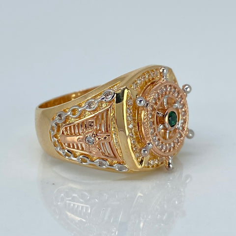 Anillo Timón Girable Circones Verdes Y Blancos Tres oros 18k / Talla 9 3/4 / 10 Gr †