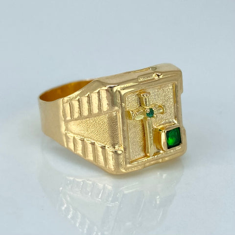 Anillo Sello Cruz Circones Verdes Oro amarillo / Talla 9 1/2 / 3,1 Gr