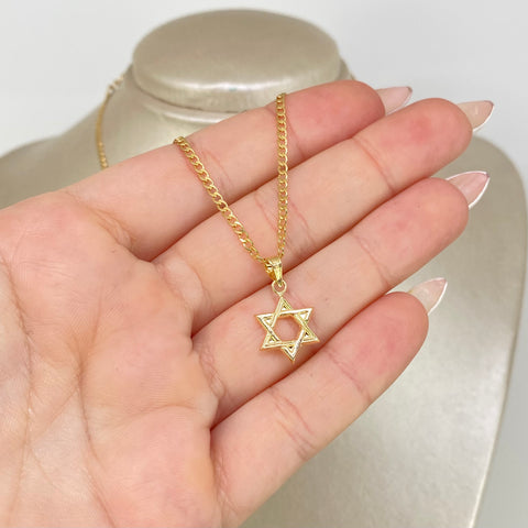 Set Cadena ● Cubana + Dije Estrella David Oro amarillo 18k 2,08 Gr / 2 mm / 45 Cm *