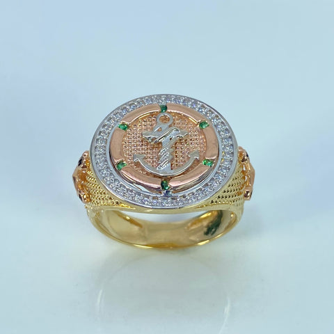 Anillo Ancla Circones Verdes y Blancos Tres Oros 18k / Talla 9 3/4 / 9,59 Gr